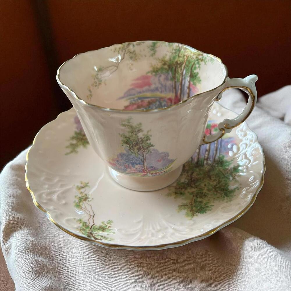 Vintage Porcelain Tea Cup/Saucer Set w Scenic Tree Design Aynsley Bluebell Time